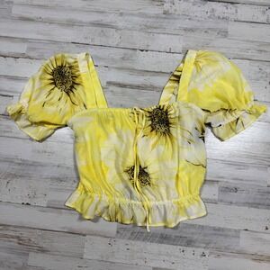 H&M Sunflower Print Square Neck Smocked Crop Top Yellow Size‎ Small
